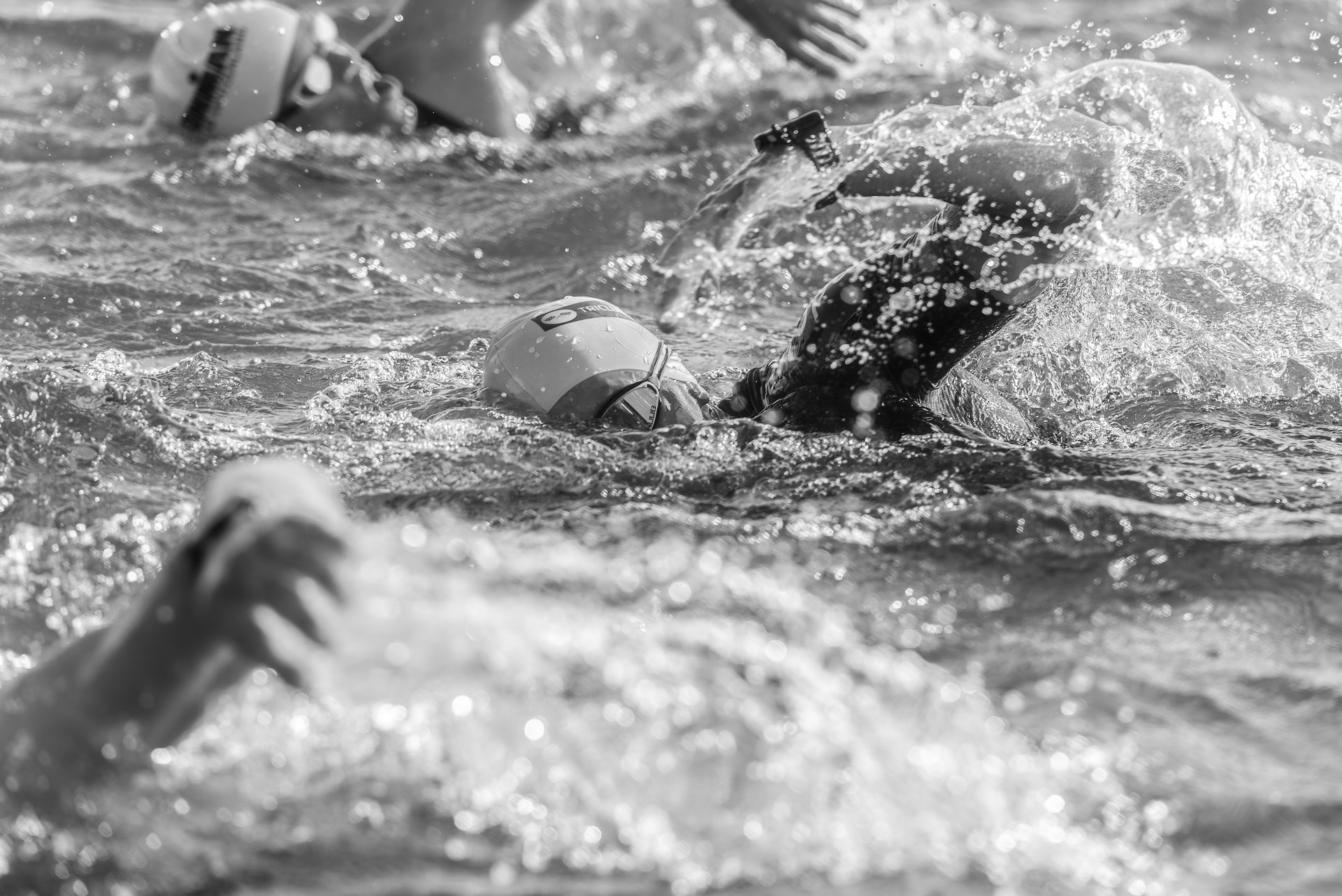 the image shows triathlon swimming race