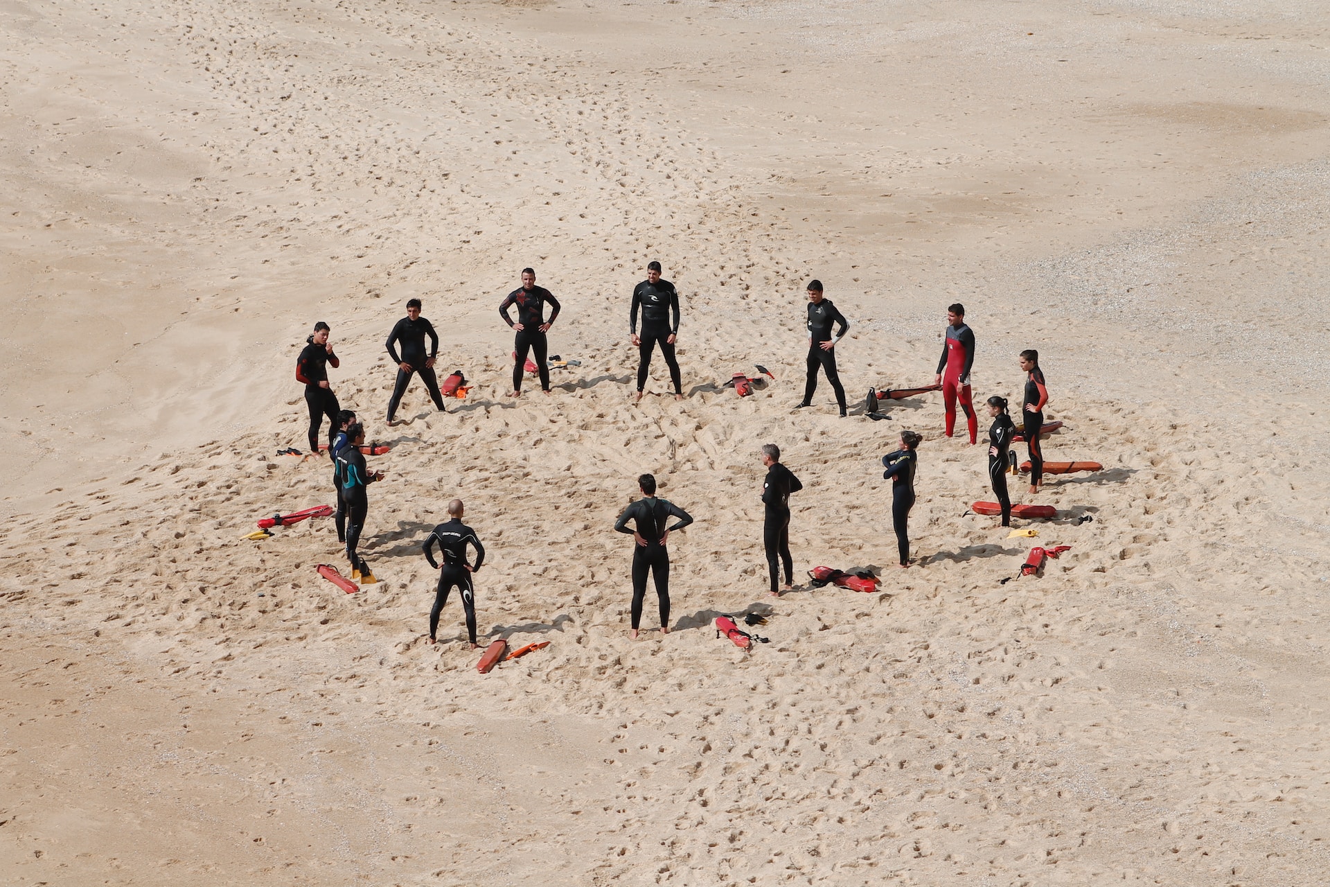 the image shows the divers standing in a circle at the beach 