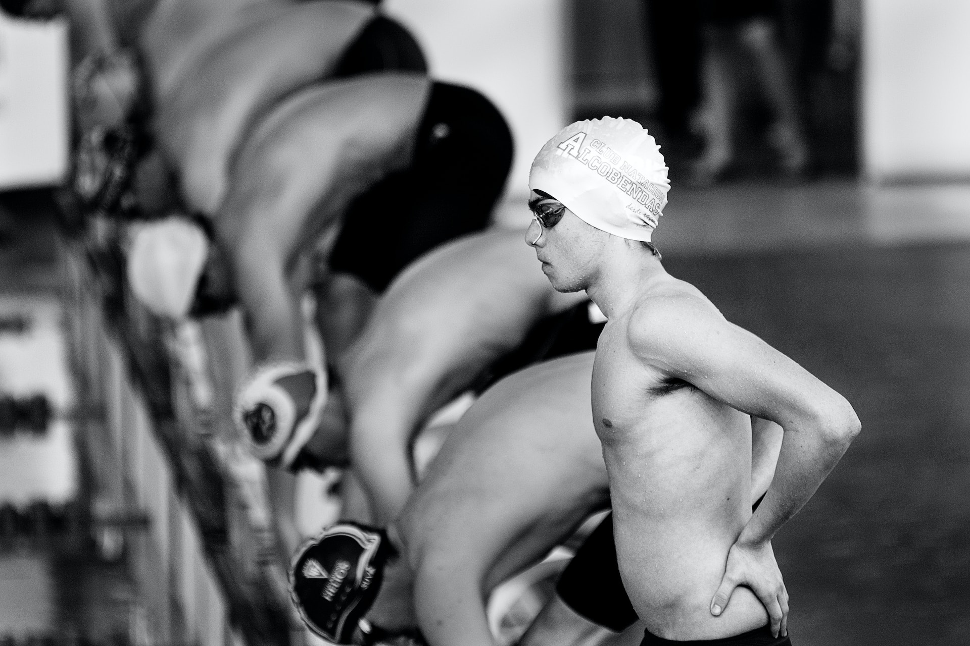 the image shows professional swimmers getting ready for a race